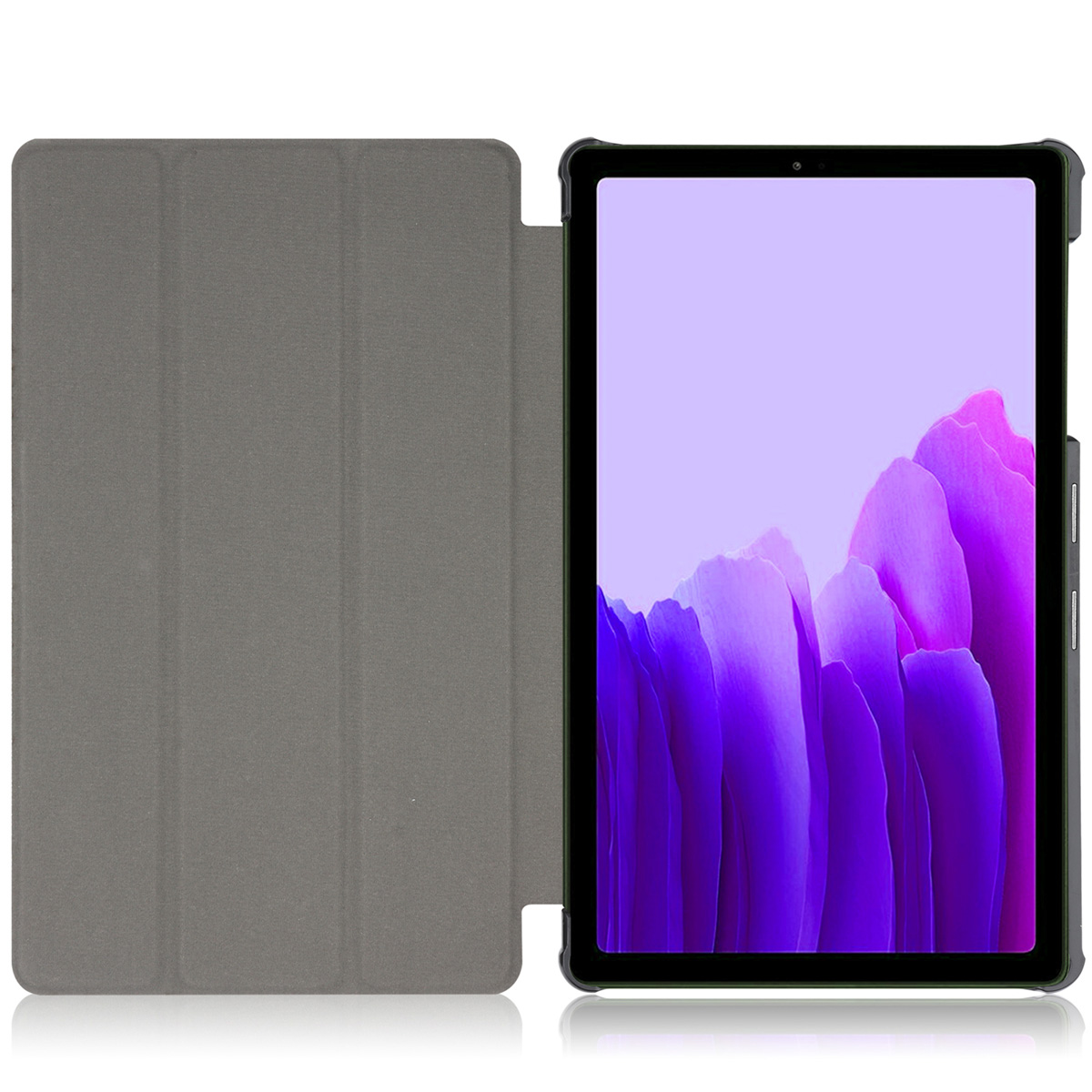 Une tablette, ouverte, est présentée dans un étui gris. L'écran affiche une image violette. La tablette est sur une surface blanche.