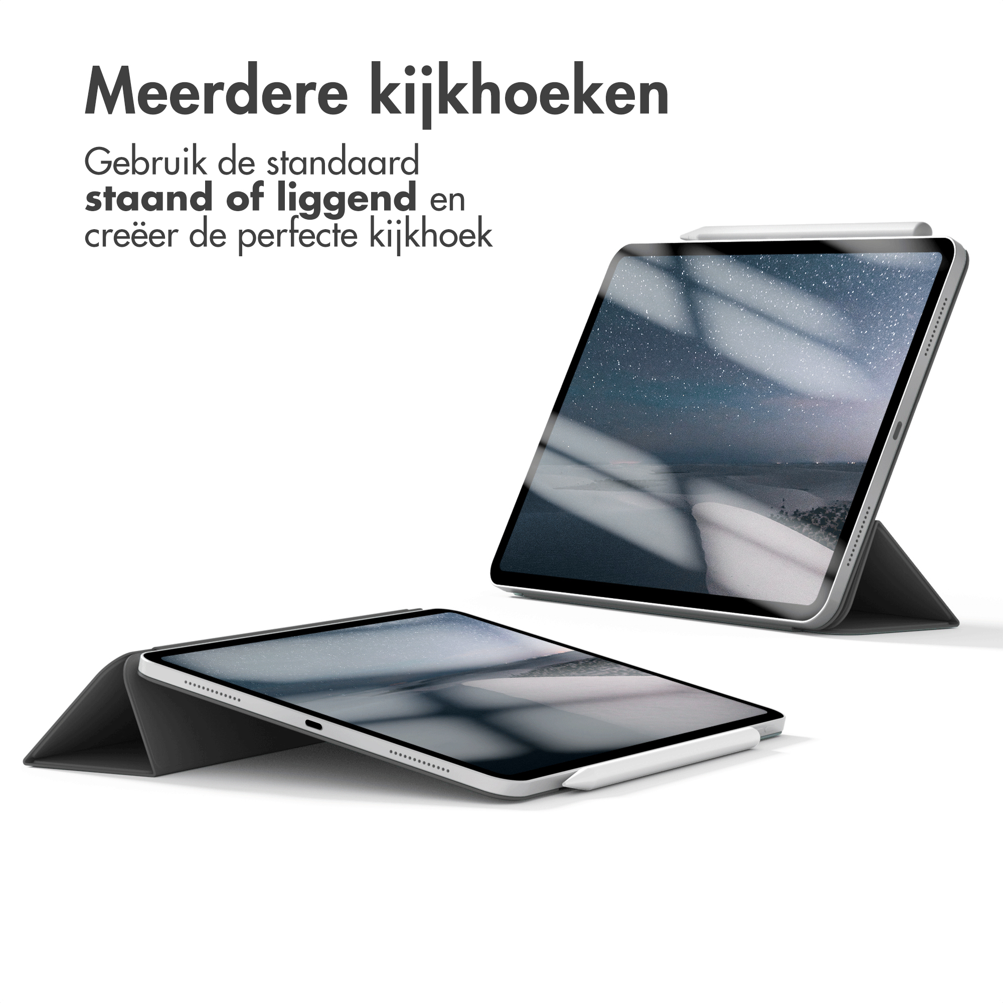 Twee tablethoezen die de tablet in staande en platte posities tonen, verschillende kijkhoeken.