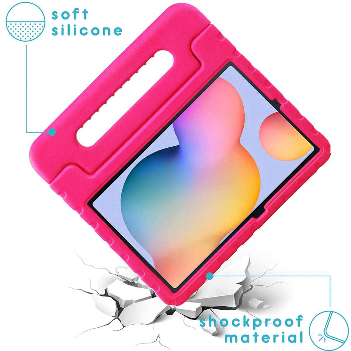 Roze tablethoes met handvat, schokbestendig, zacht siliconen materiaal.