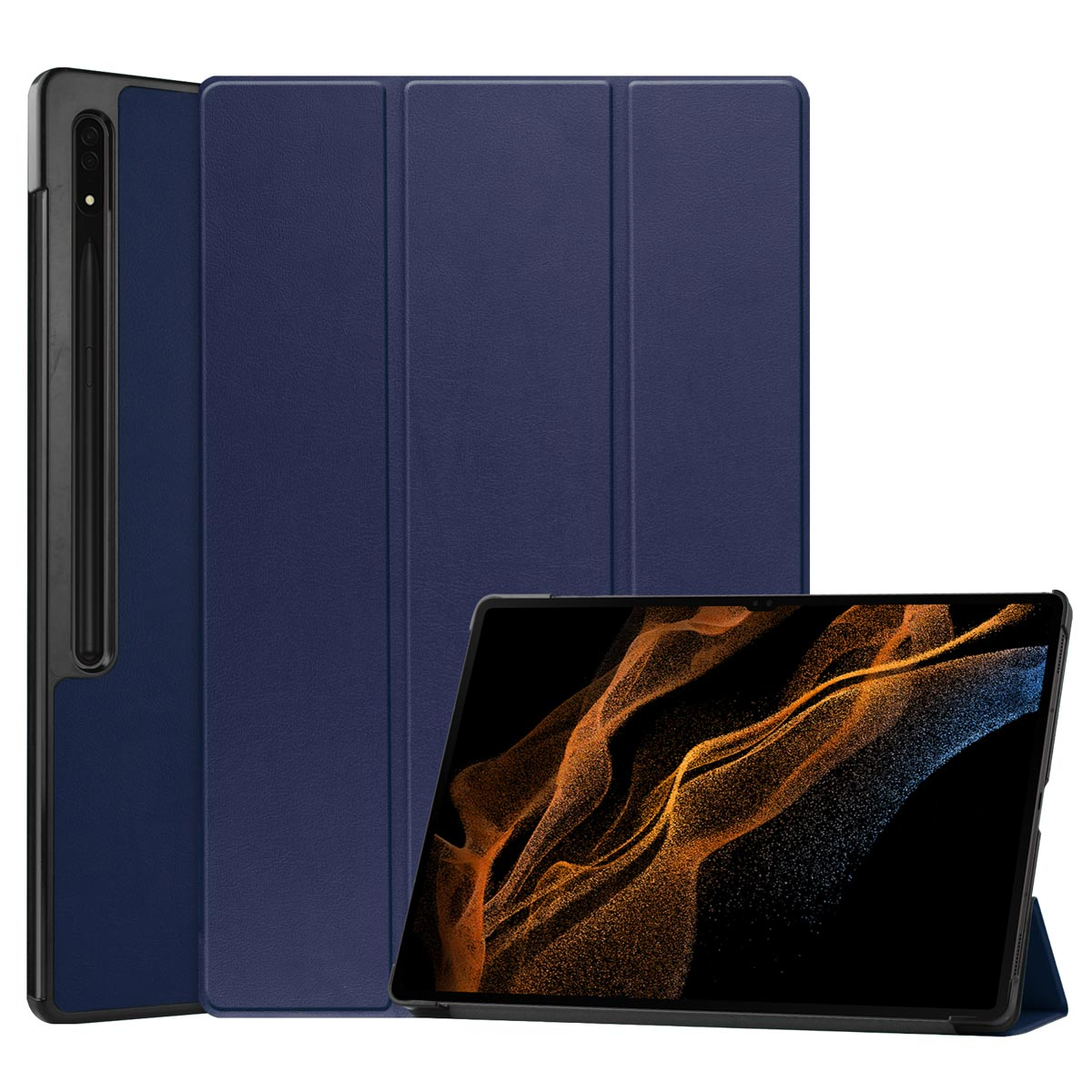 Étui de tablette bleu avec tablette à l'intérieur, logement pour stylet et support.
