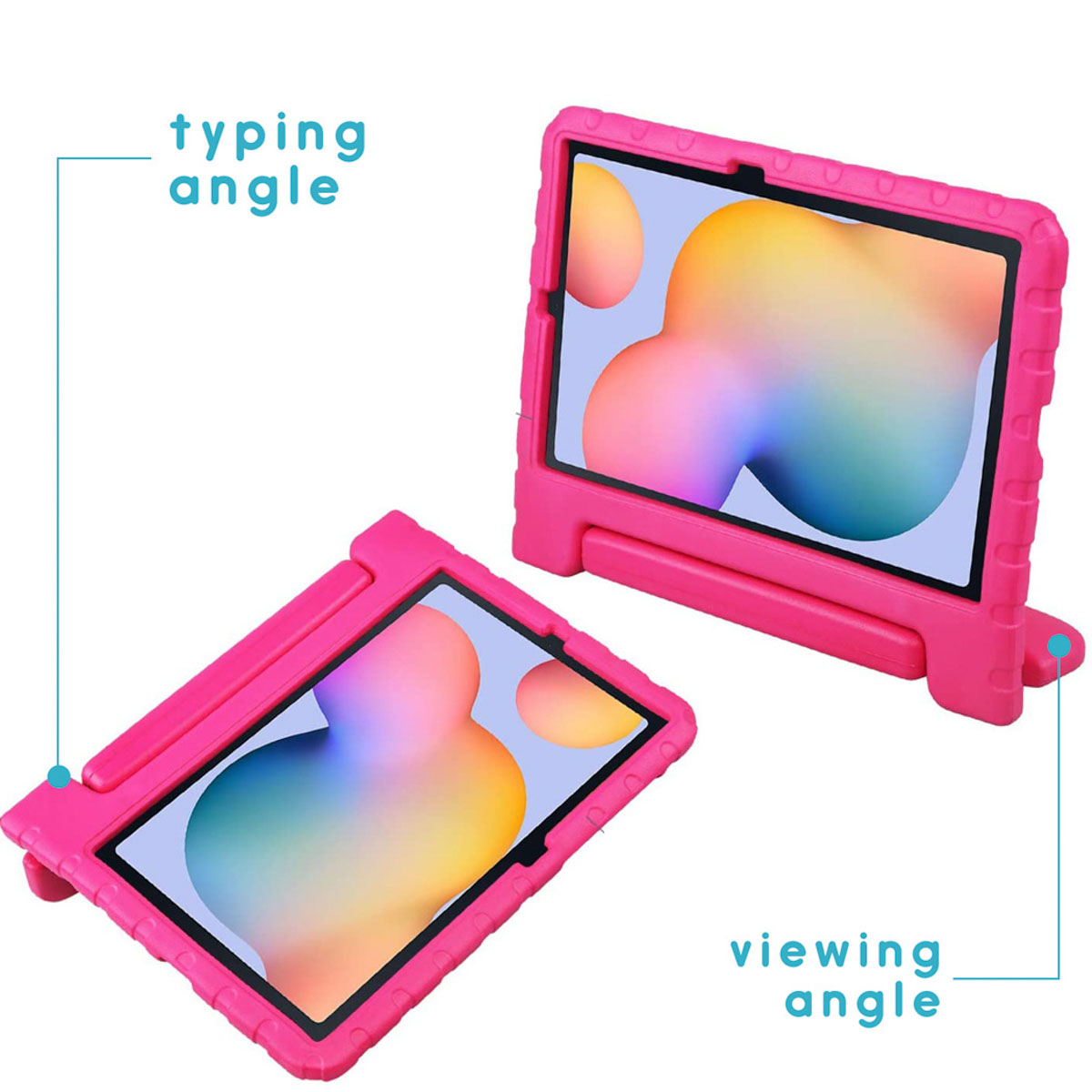 Roze tablethoes in twee posities; één met typhoek en de andere met kijkhoek.