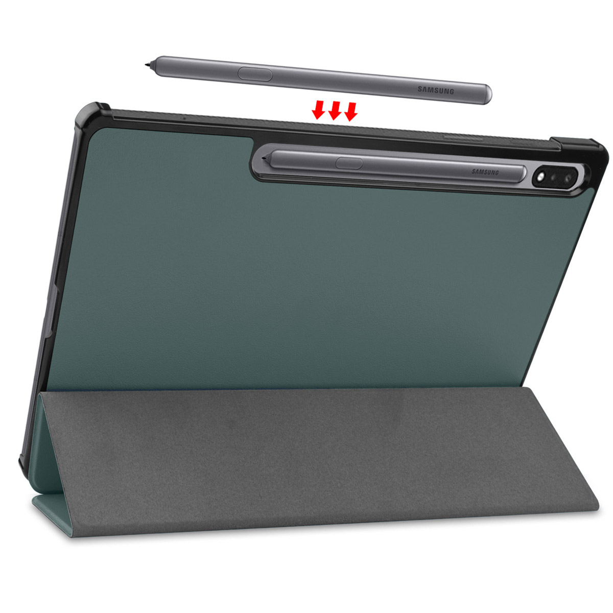 Une tablette Samsung dans un étui vert, avec un stylet se fixant magnétiquement à l'arrière.