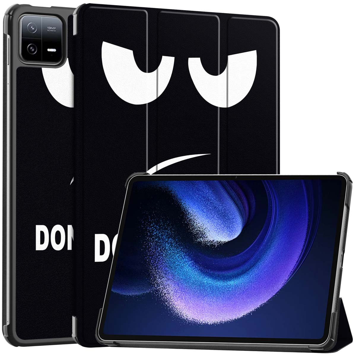 Black tablet case with white eye design. Tablet screen displays a blue and purple swirl.