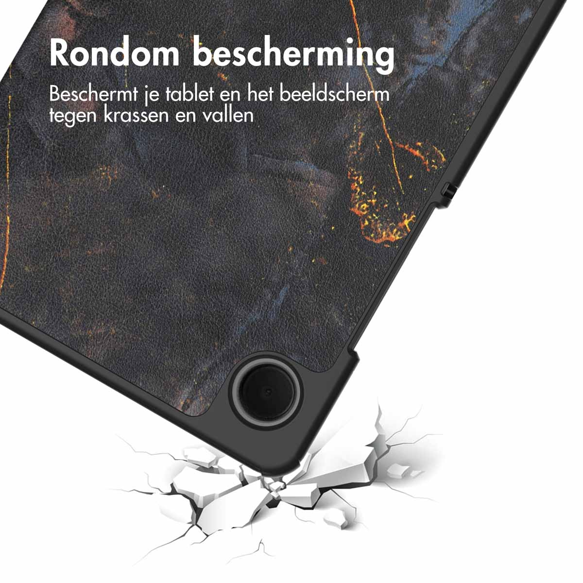 Étui de tablette avec un design de marbre brisant une surface. Le texte dit qu'il protège des rayures.