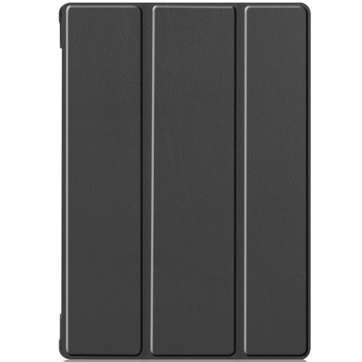 A dark tablet case with three vertical folds, lying on a white background.