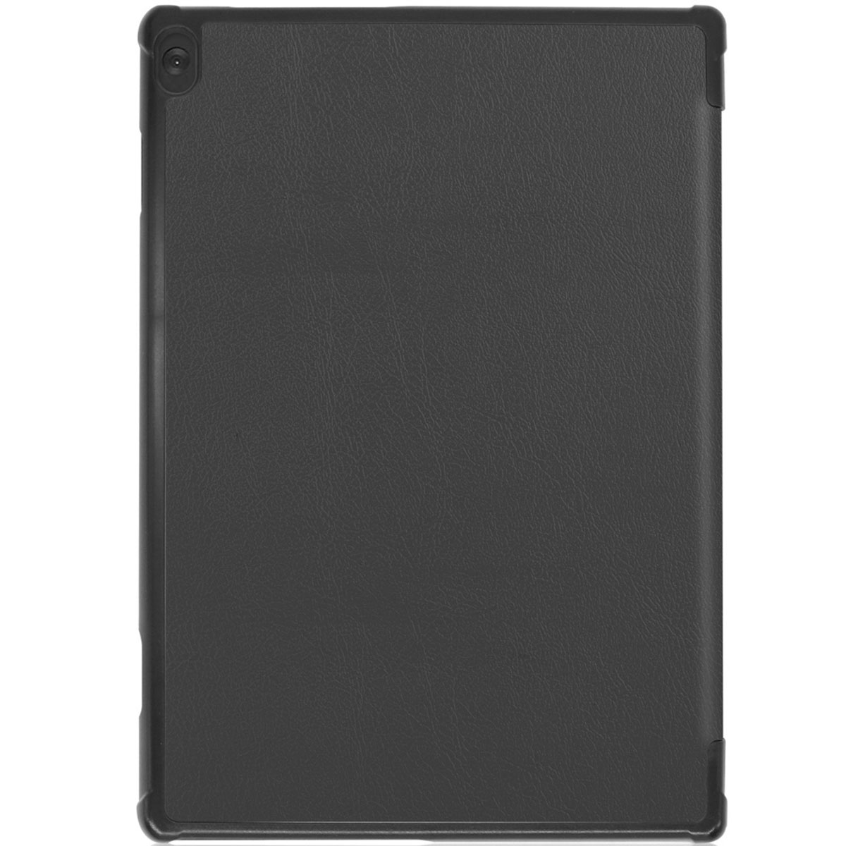 Black tablet case with textured leather look and camera hole top left.
