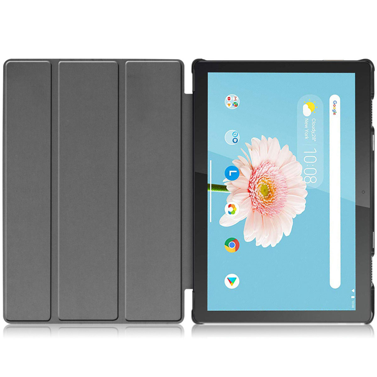 A tablet with a case. The case is grey and closed. The tablet is on the right.