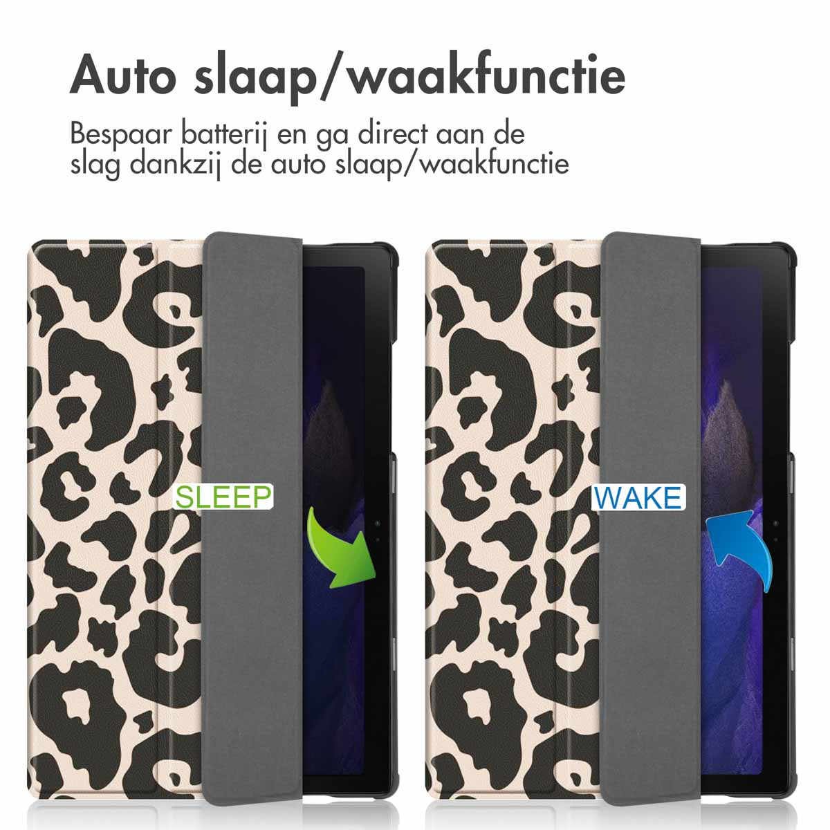 Étui de tablette avec motif léopard. Montre les fonctions de veille et de réveil. Veille: couvercle fermé, Réveil: couvercle ouvert.