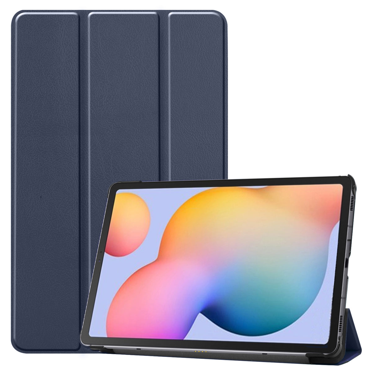 Tablet in een donkerblauwe hoes met de klep open. De achtergrond is een bijpassende hoes.