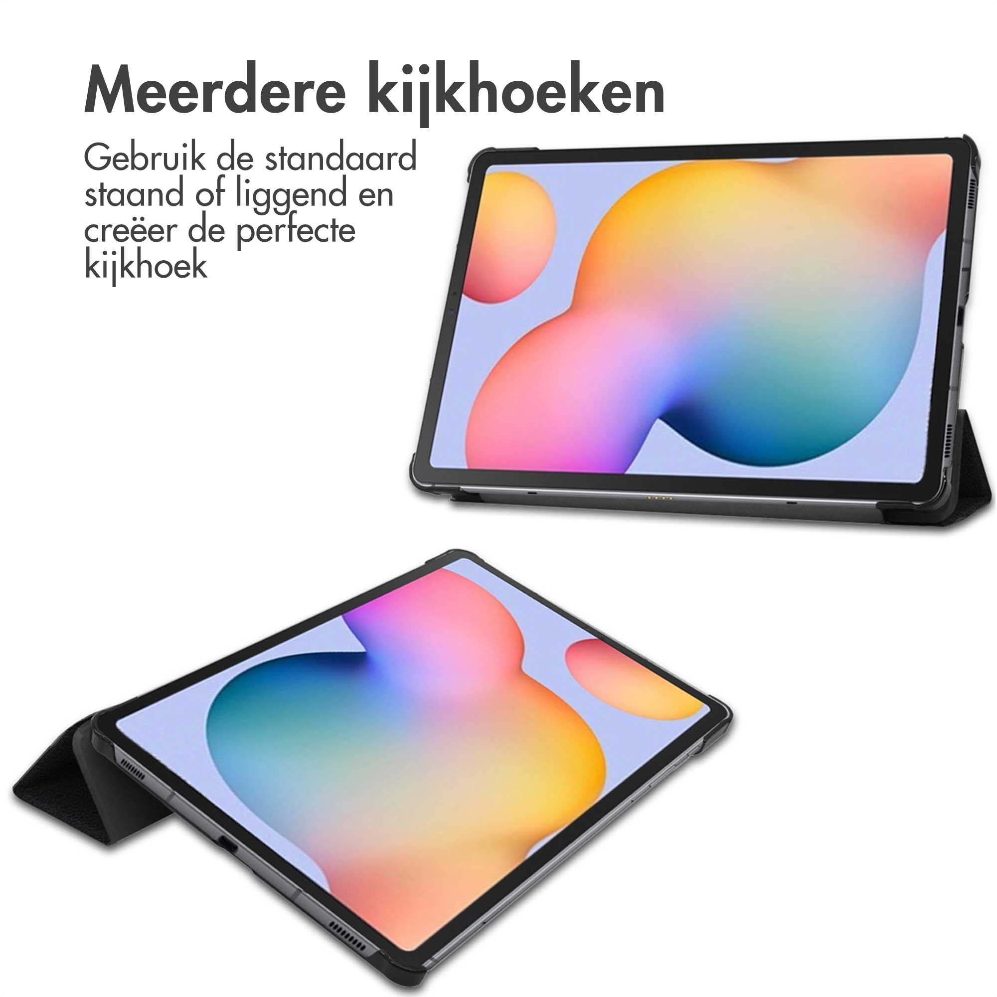 Twee tablets met zwarte hoesjes, die schermen tonen. Eén is plat, de andere omhoog. Beide tonen kleurrijke schermen.