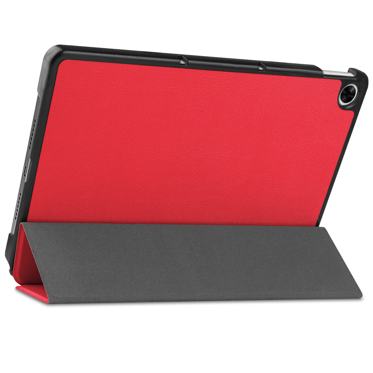 Red tablet case with a black border, tablet is visible. The case is folded.