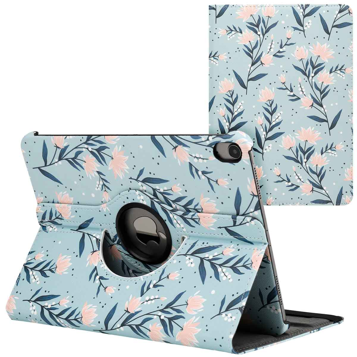 Housse de tablette à motifs floraux, bleu clair avec fleurs.