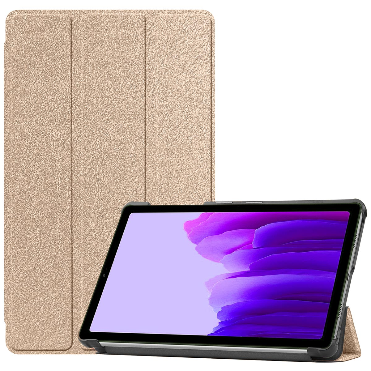 Un étui de tablette de couleur dorée avec une tablette à l'intérieur, et une autre vue de l'étui fermé.