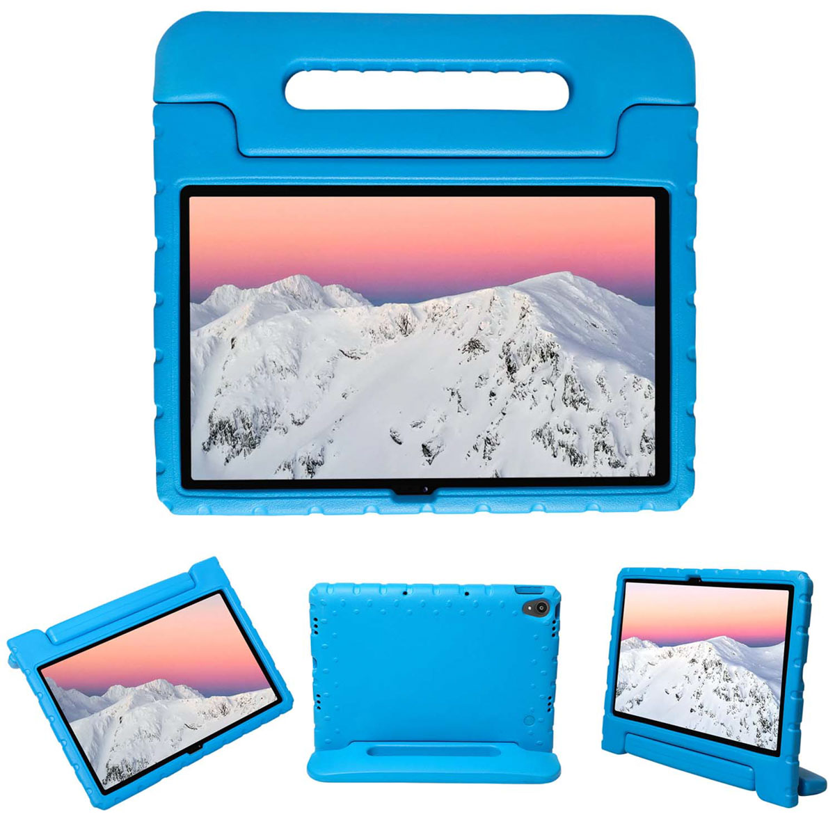 Blauwe case met handvat, met een tablet met berglandschap. Meerdere weergaven.