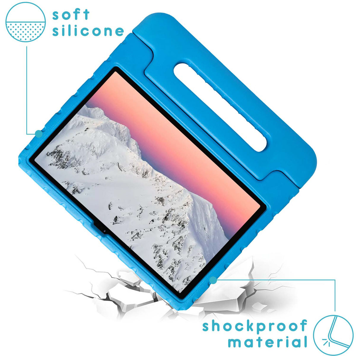 Blauwe, schokbestendige tablethoes met handvat en een tablet met een besneeuwde bergscène.