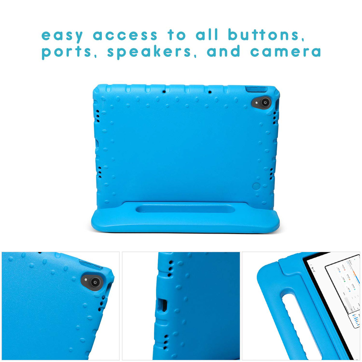 Blauwe tablet met een blauwe hoes. Het wordt van voren, van achteren en close-ups getoond.
