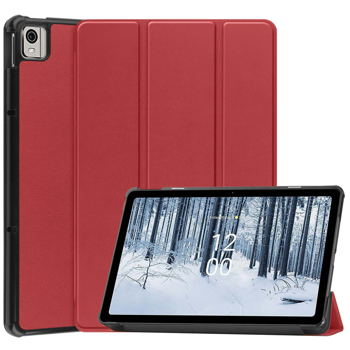 Rode tablethoes met een tablet erin. De hoes is open en toont het tabletscherm.