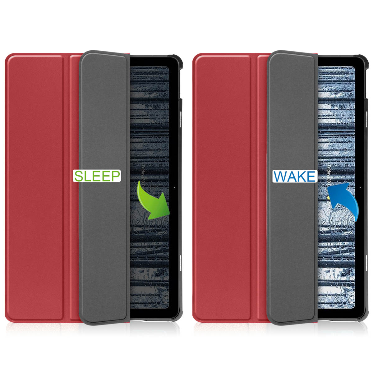 Een tablet in een hoes. De hoes heeft rode en grijze kleuren, met slaap- en wekopties.