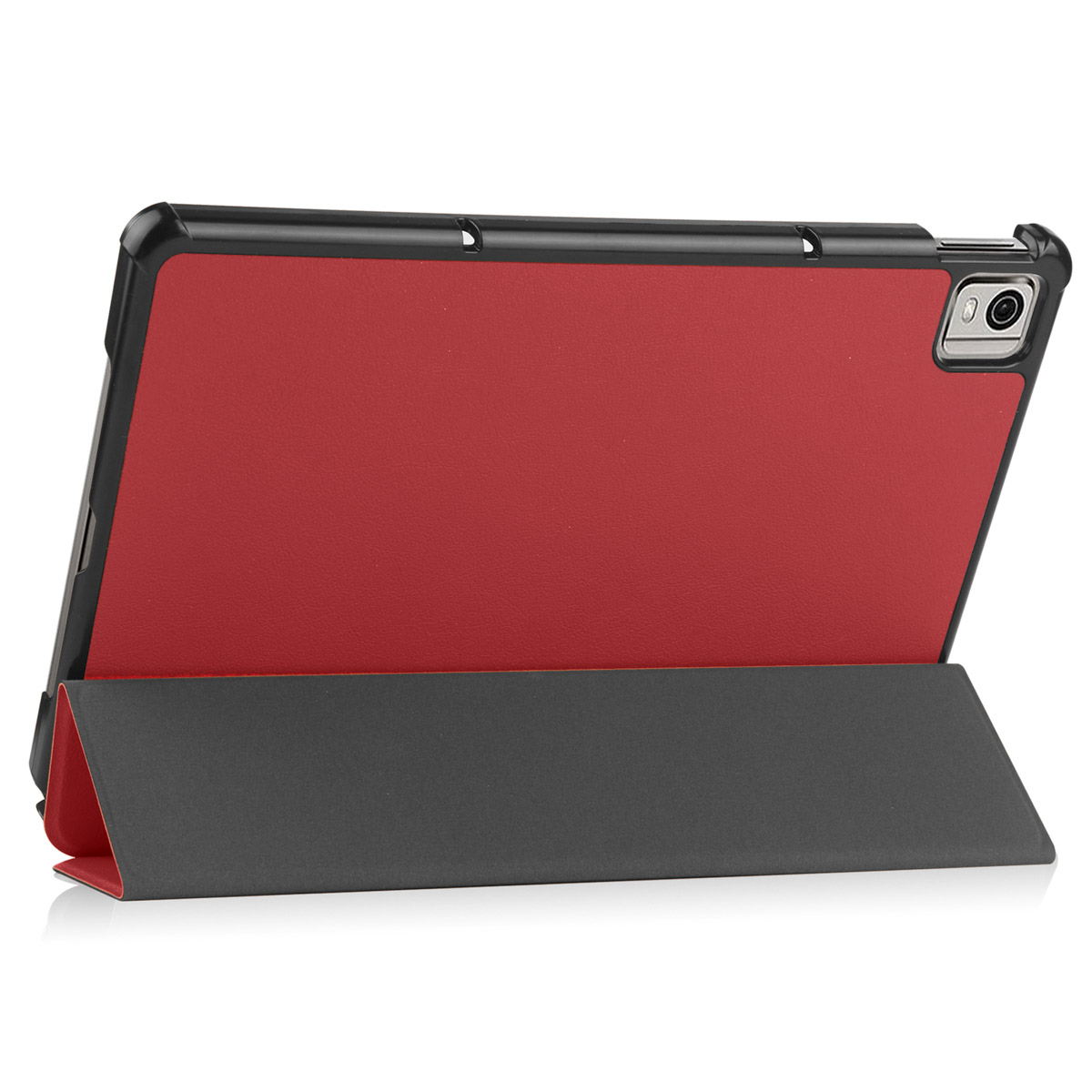 Tablet in een hoes, rode cover en zwarte standaard, witte achtergrond.