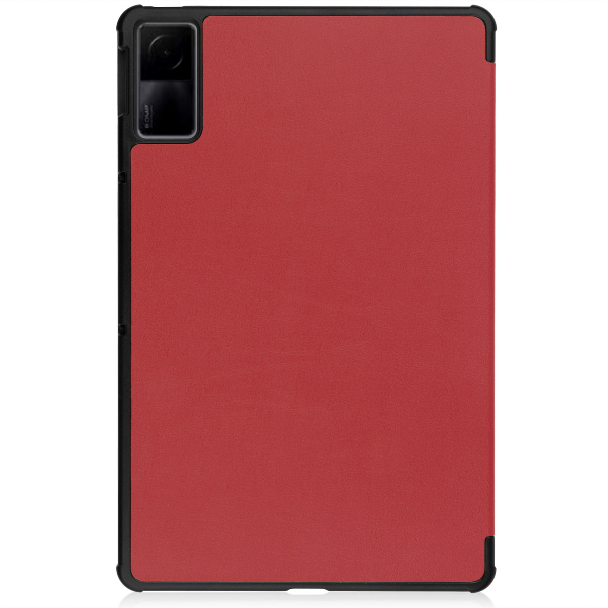 A red tablet case, with a black frame, showcasing a tablet's camera area.