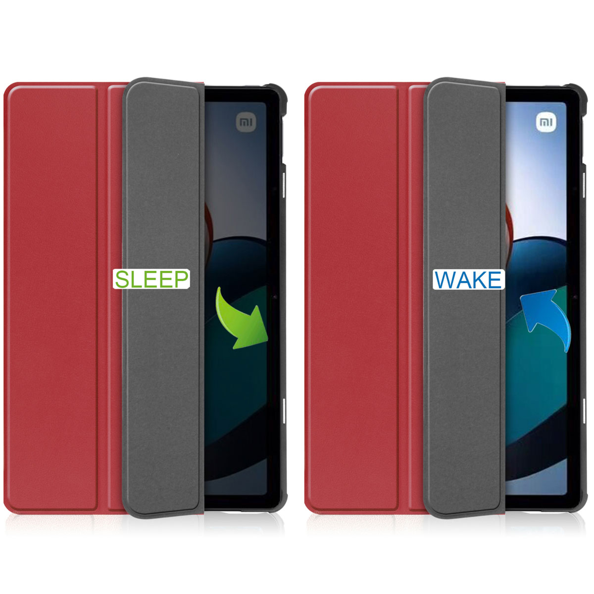 Two tablet cases, red and gray. One shows 'SLEEP' and the other 'WAKE', with arrows.