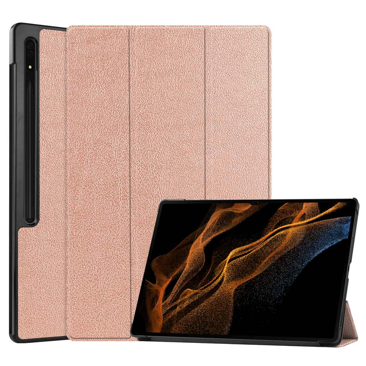 Tablette et étui or rose. L'étui est ouvert et la tablette est soutenue.