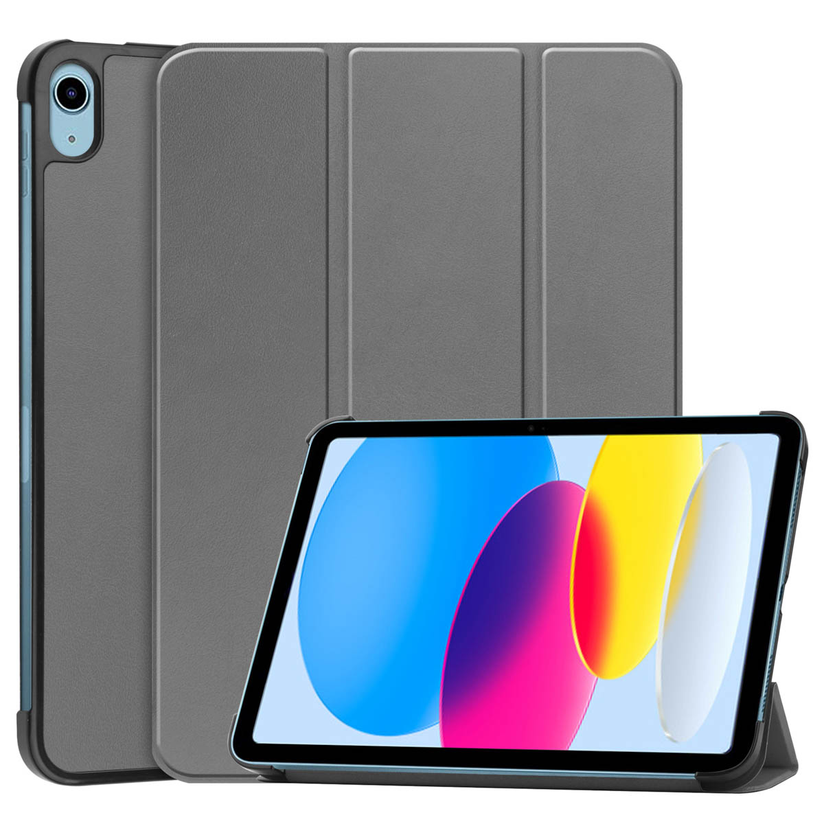 Grijze tablethoes met tablet, kleurrijk behang en zwart frame.