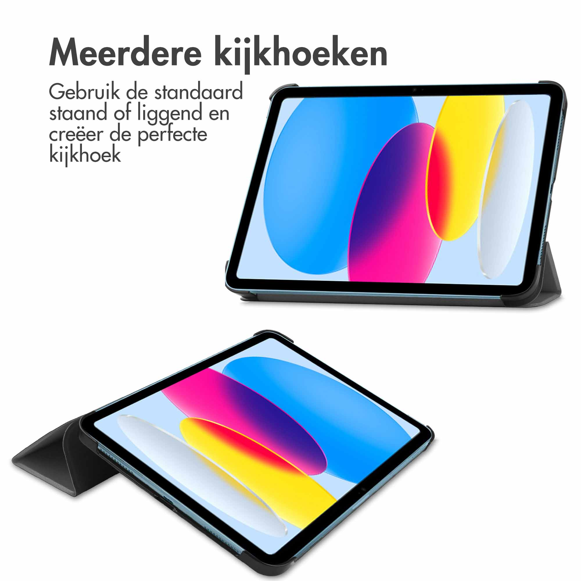 Twee tablets in hoesjes, die verschillende kijkhoeken laten zien. Eén is plat, de andere onder een hoek.