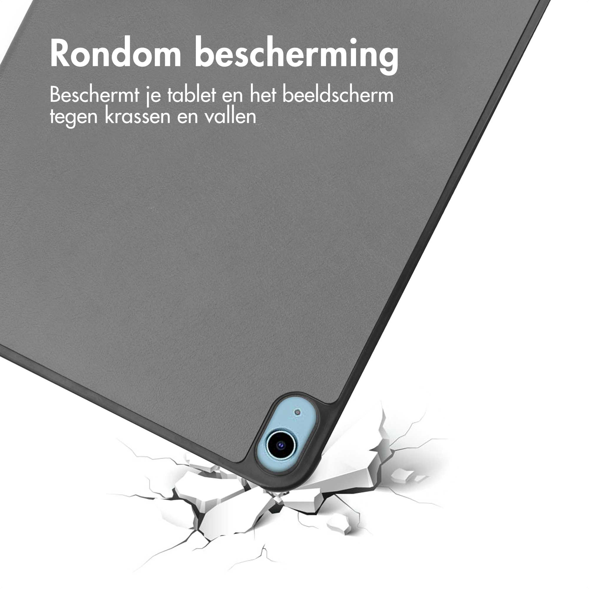 Grijze tablethoes met valbeschermingseffect op witte achtergrond.