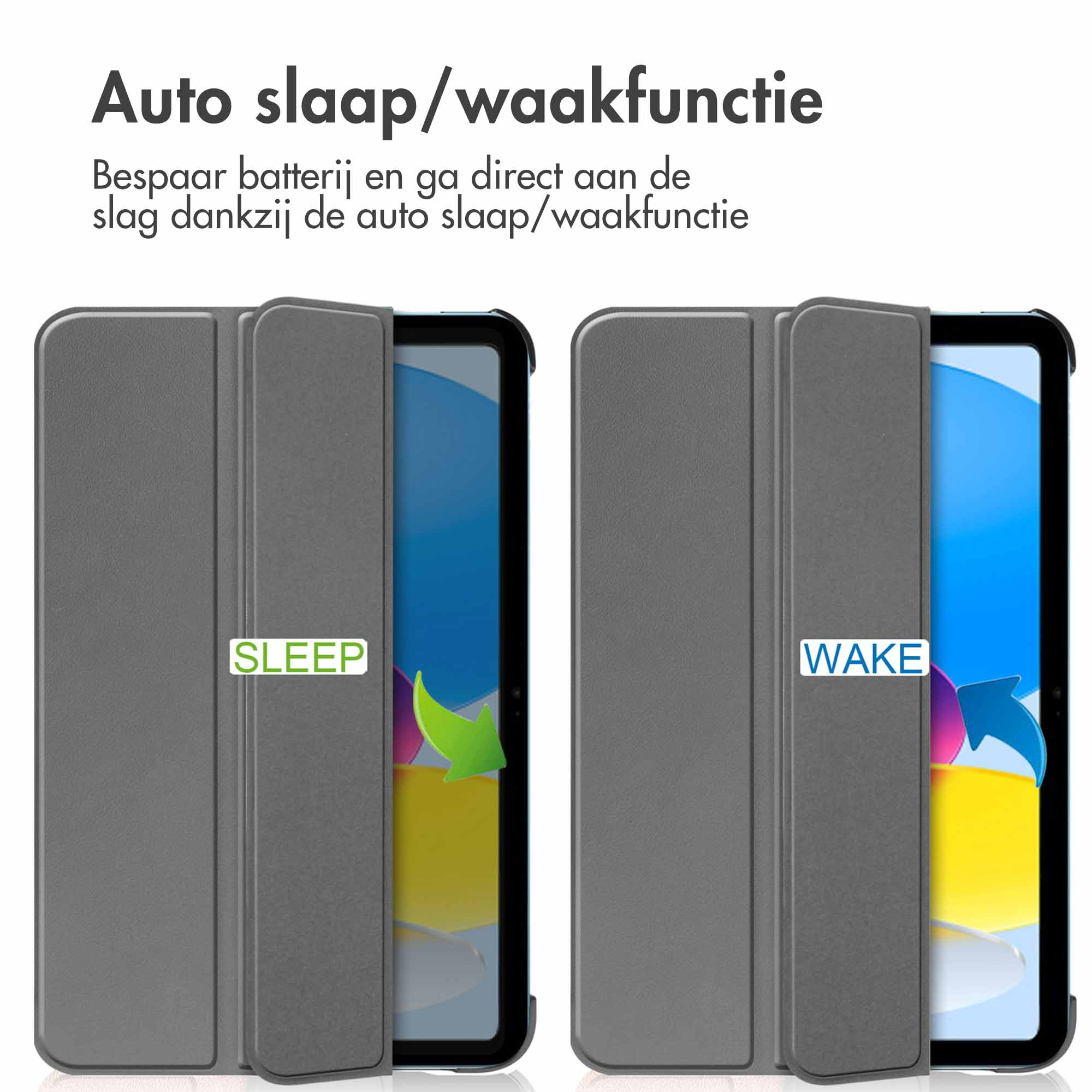 Grijze tablethoes toont slaap- en waakfunctie met pijlen.
