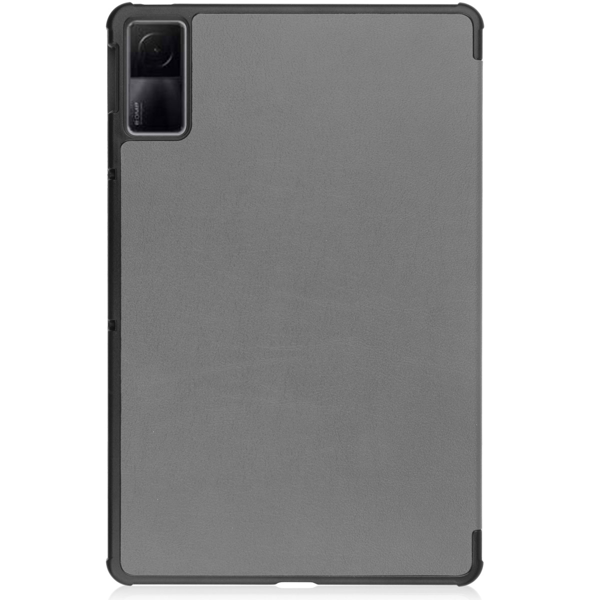 A gray tablet case with a camera cutout on the top left and a smooth surface.