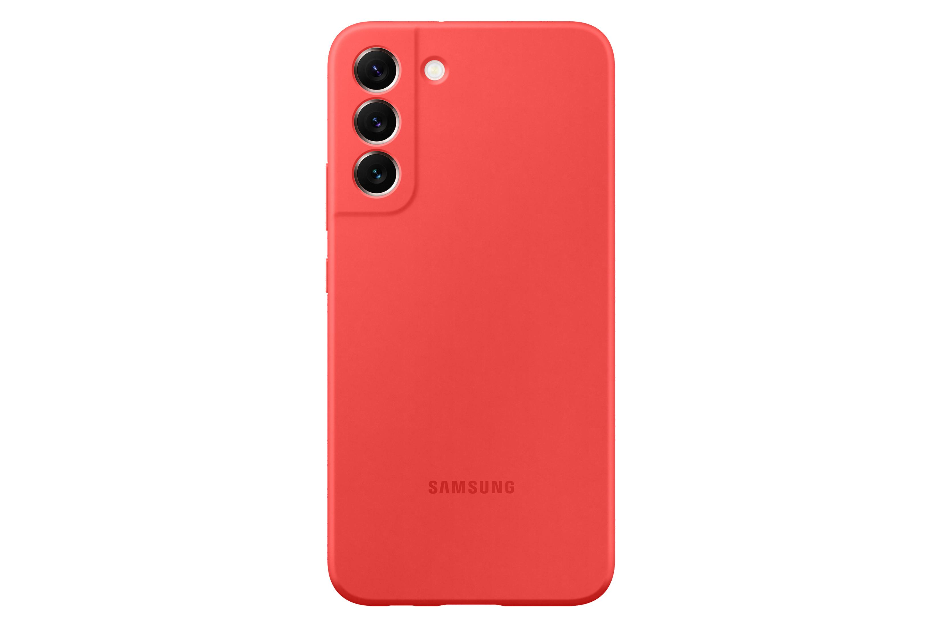 Custodia rossa per telefono su bianco, vista posteriore, tre obiettivi, logo Samsung.