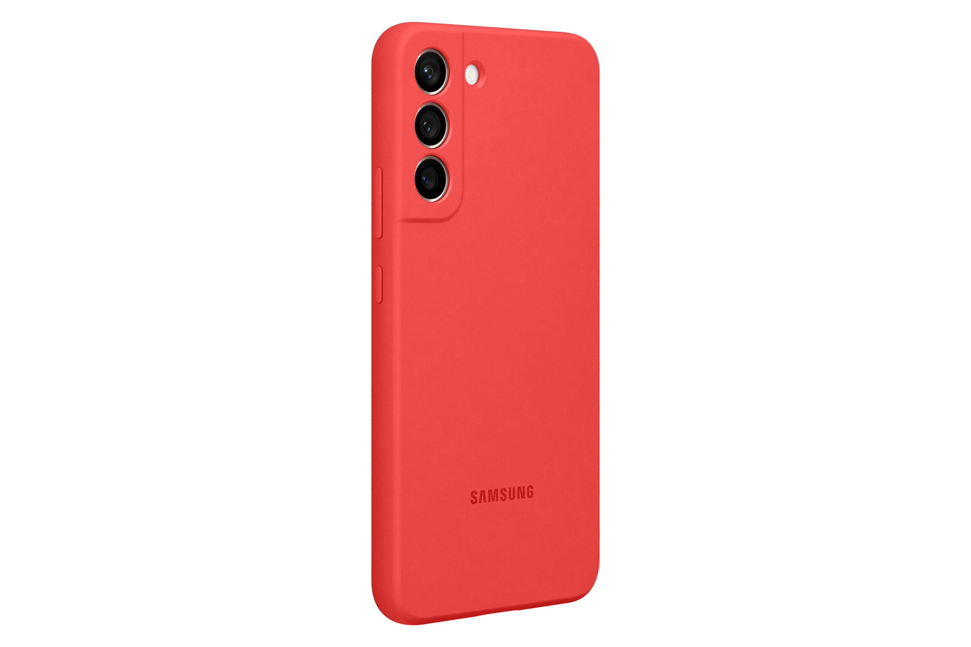 Una custodia per telefono Samsung rossa, vista dal retro, con il logo Samsung e la disposizione della fotocamera visibili.