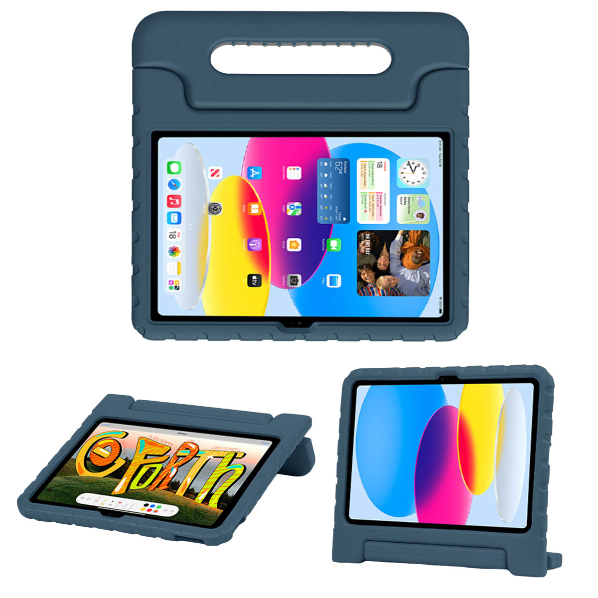 Tablets in een blauwe hoes met een handvat. De achtergrond is wit.