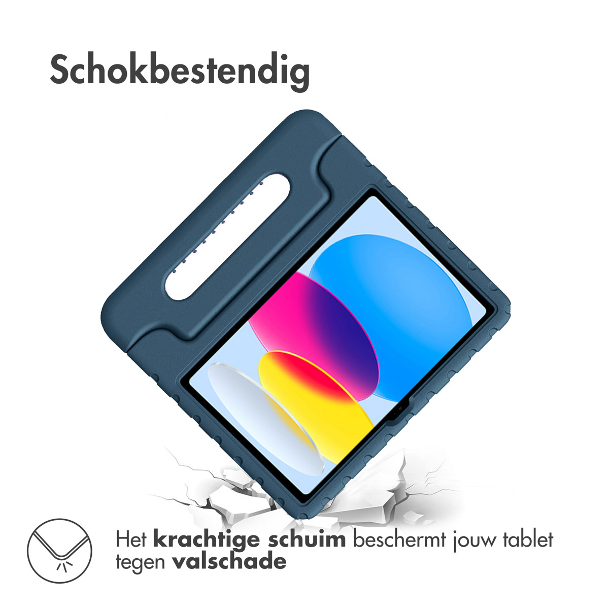 Een blauwe tablethoes, met een tablet erin, de hoes beschermt de tablet.