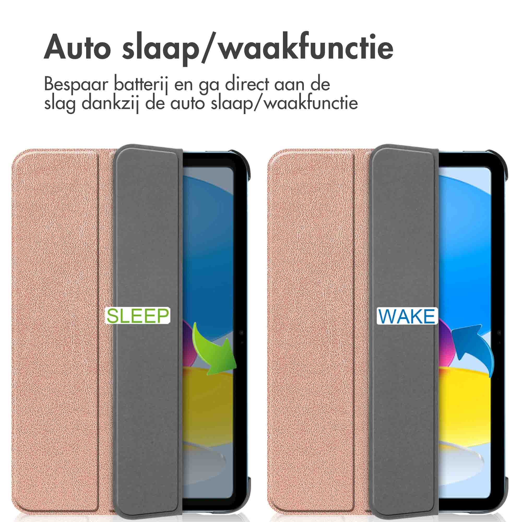 Twee tablets in roségouden hoezen. Eén toont 'SLEEP', de ander 'WAKE'.