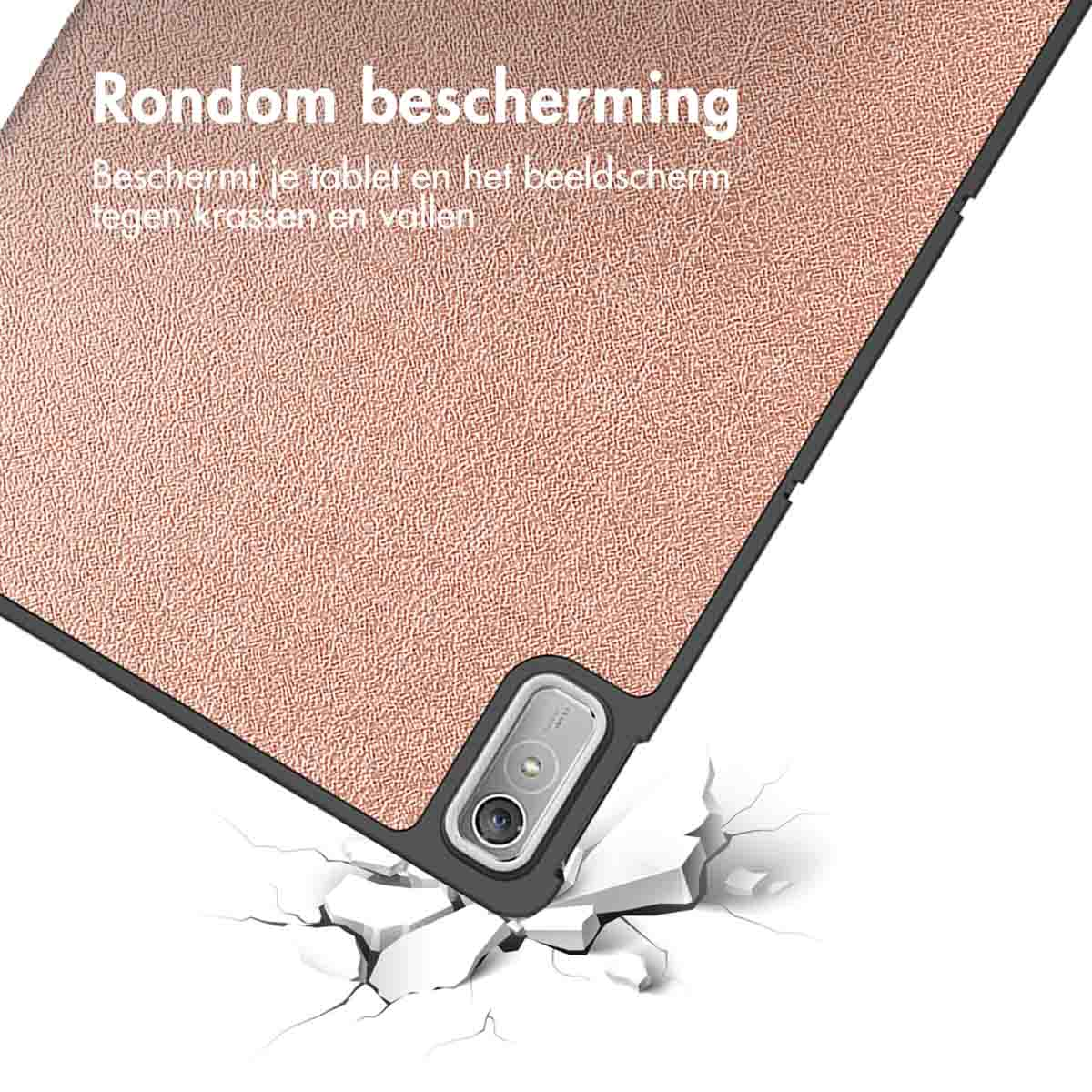 Close-up of a gold tablet case corner, cracking a surface upon impact.