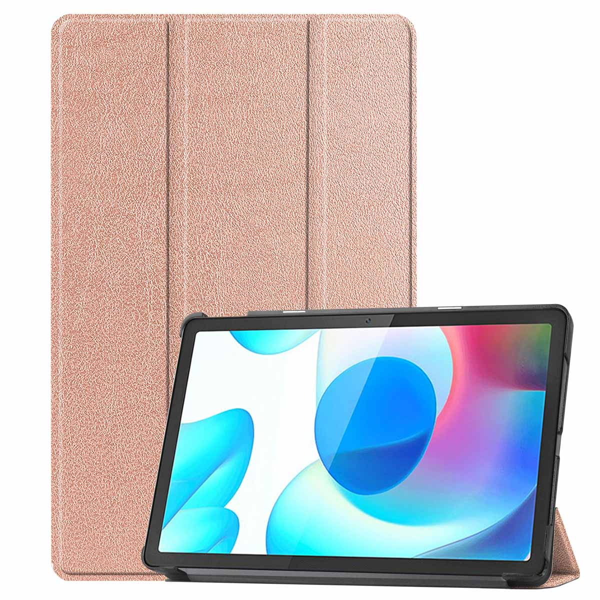 Tablet case with gold-colored leather texture. Tablet screen displays a blue wave.