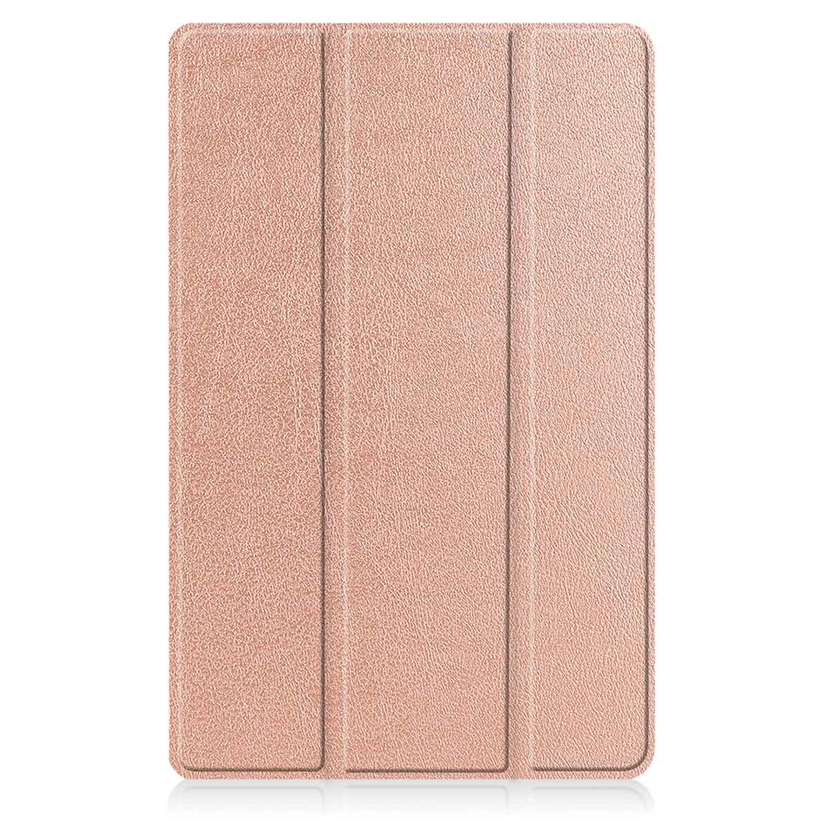 A closed tablet case with a textured rose gold color. It is shown from a top-down view.