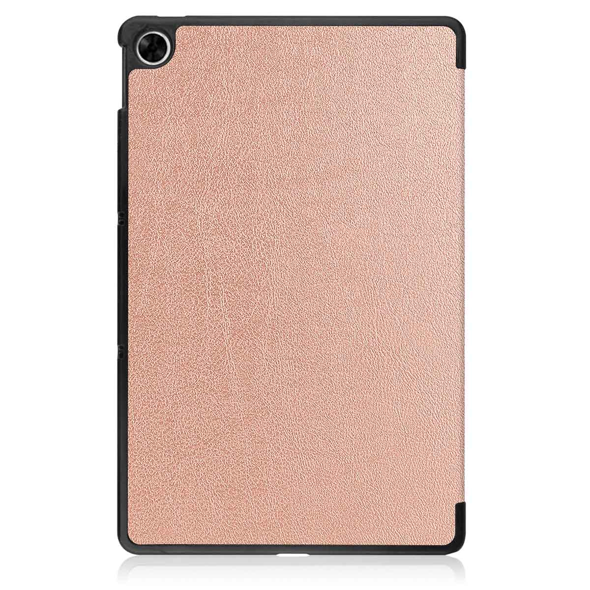 A gold-colored tablet case, with a tablet inside, showing the back of the case.