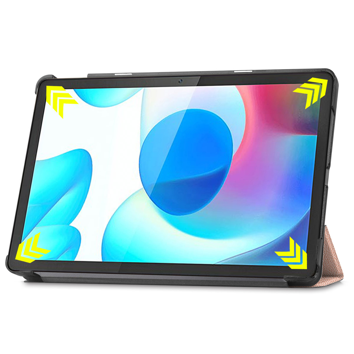 A tablet is in a case, the tablet is on a table. The case is black and the tablet is on.