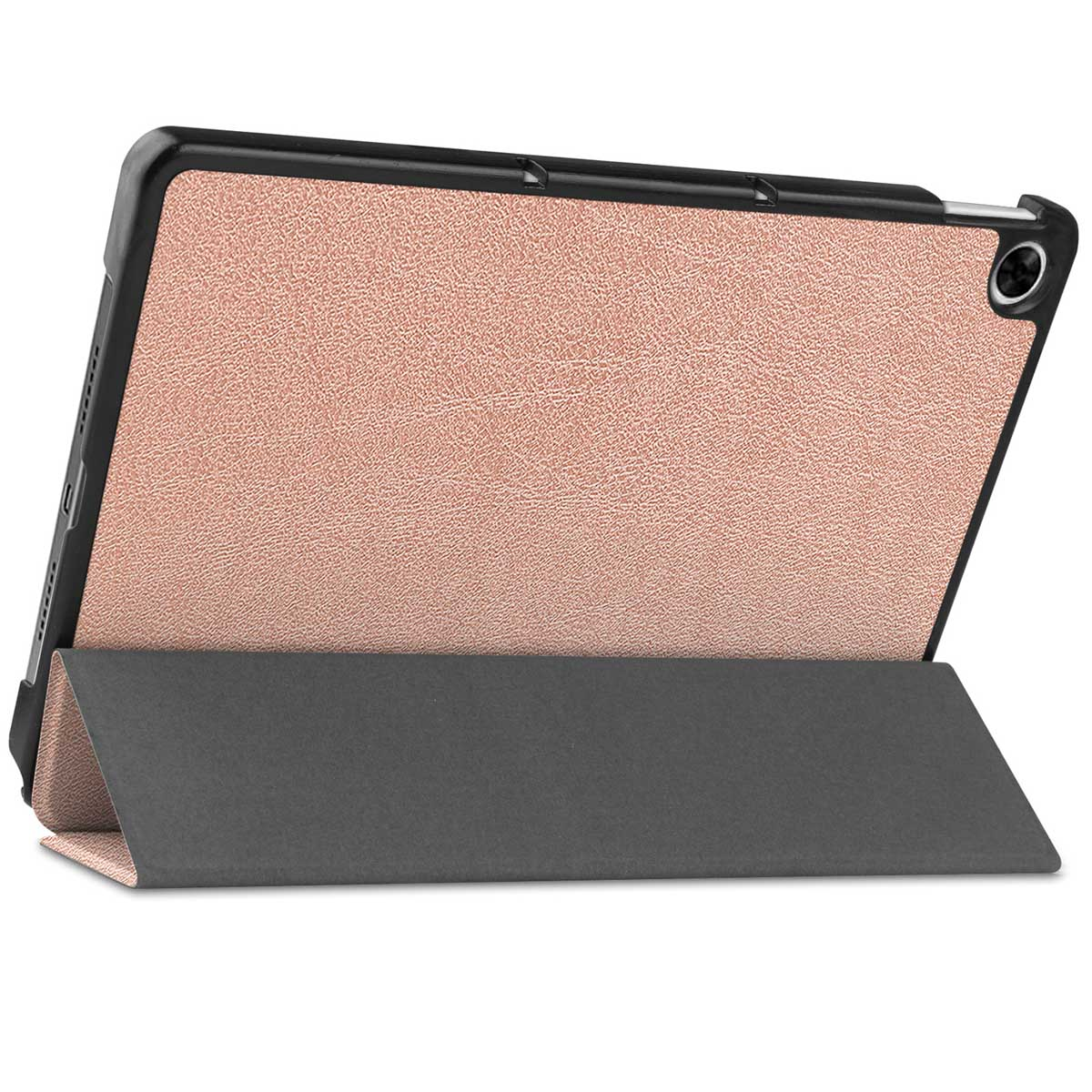 Tablet case with a pink leather texture, the tablet is open. The background is white.