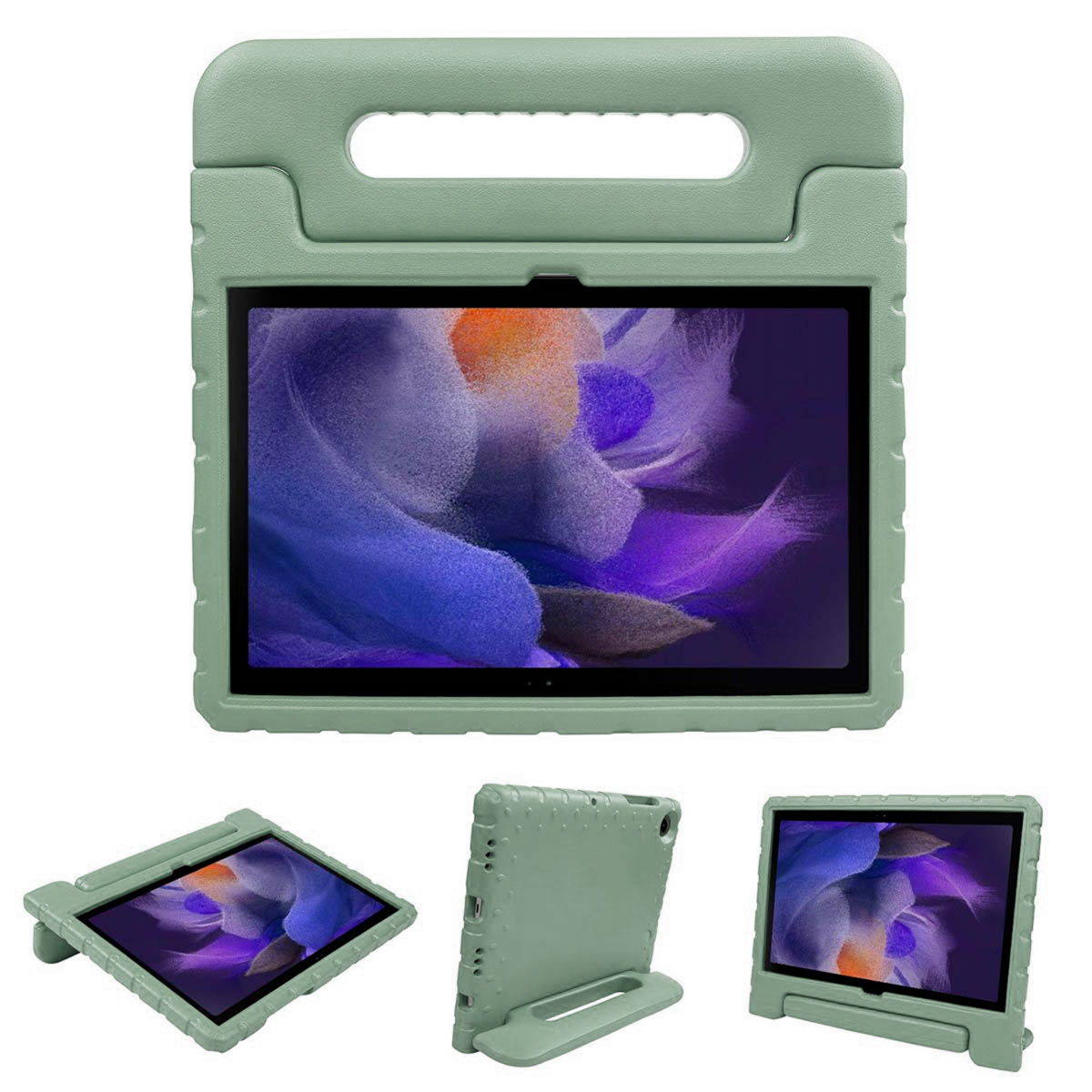 Een groene beschermhoes voor tablets met een handvat. Drie verschillende weergaven van de tablet.