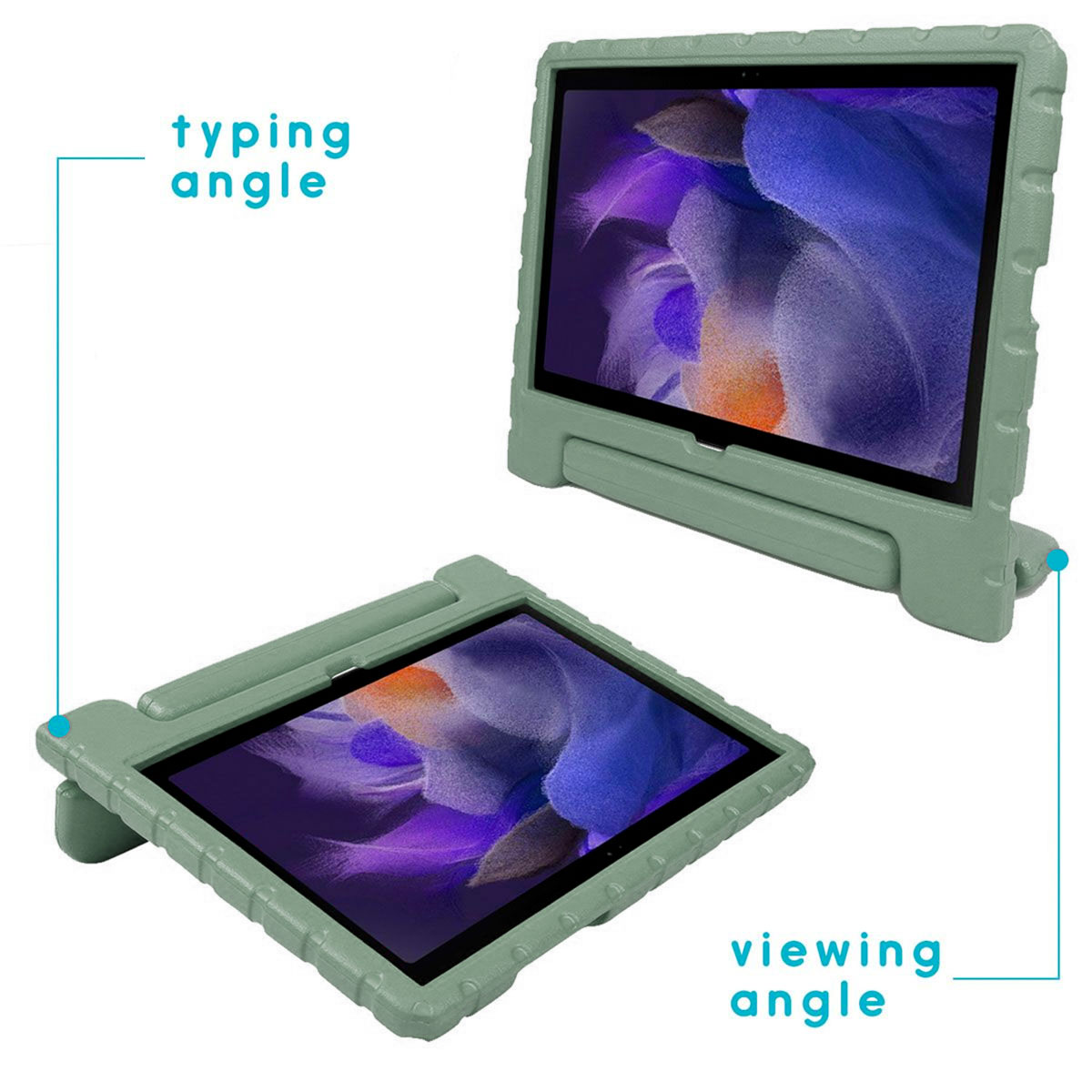 Twee tablets in groene hoesjes in verschillende hoeken. Eén om te typen, één om te bekijken.