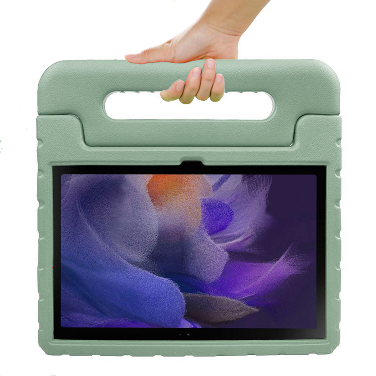 Een hand die een groene tablethoes vasthoudt met een tablet met een paarse en witte achtergrond.