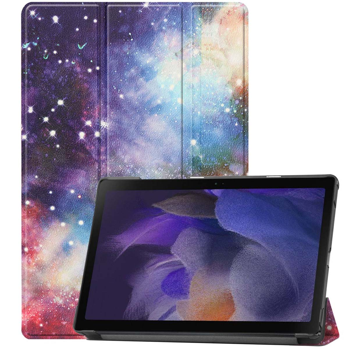 Tablet in a case with a galaxy design. The background is white.