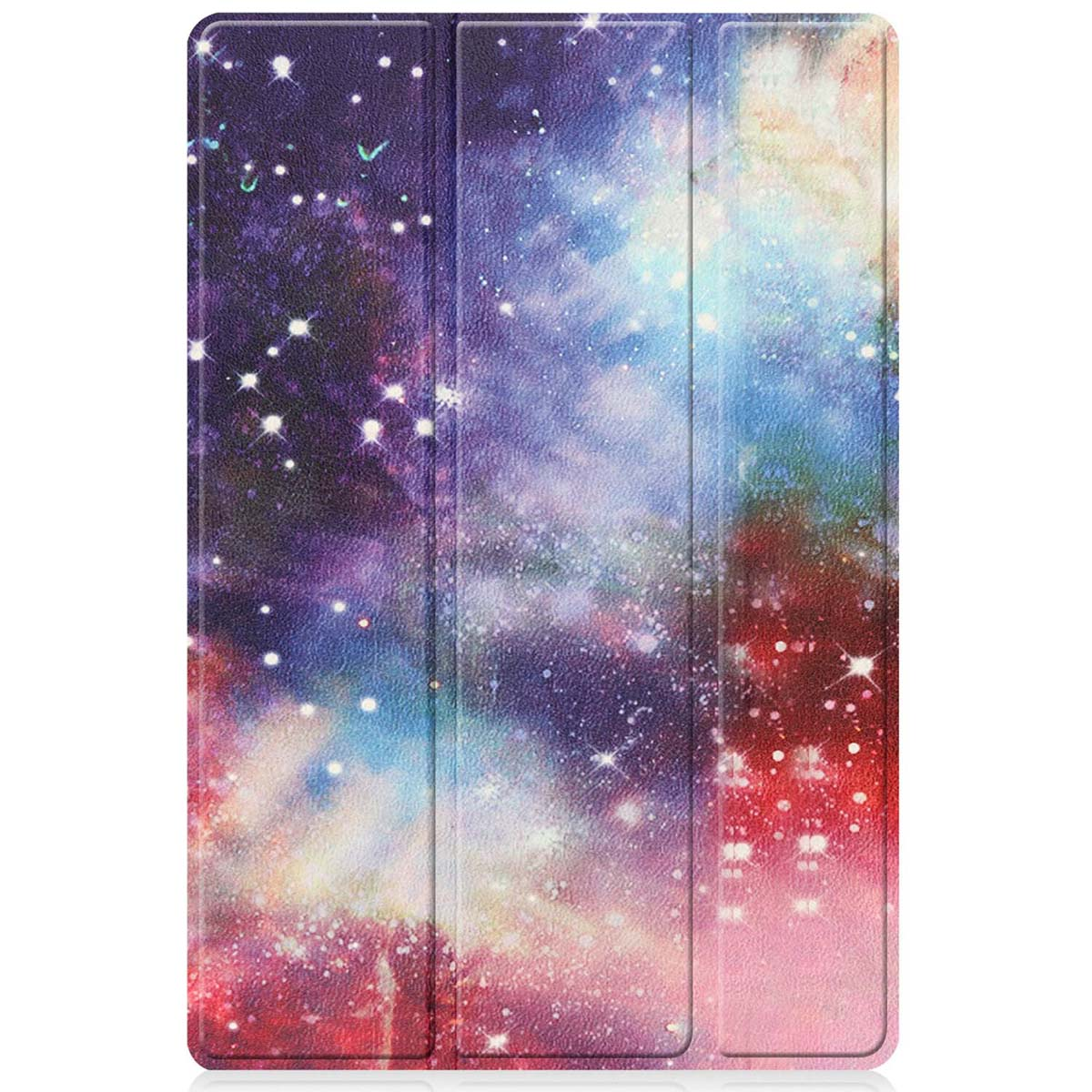 Tablet case with a galaxy print with many colors. The background is white.