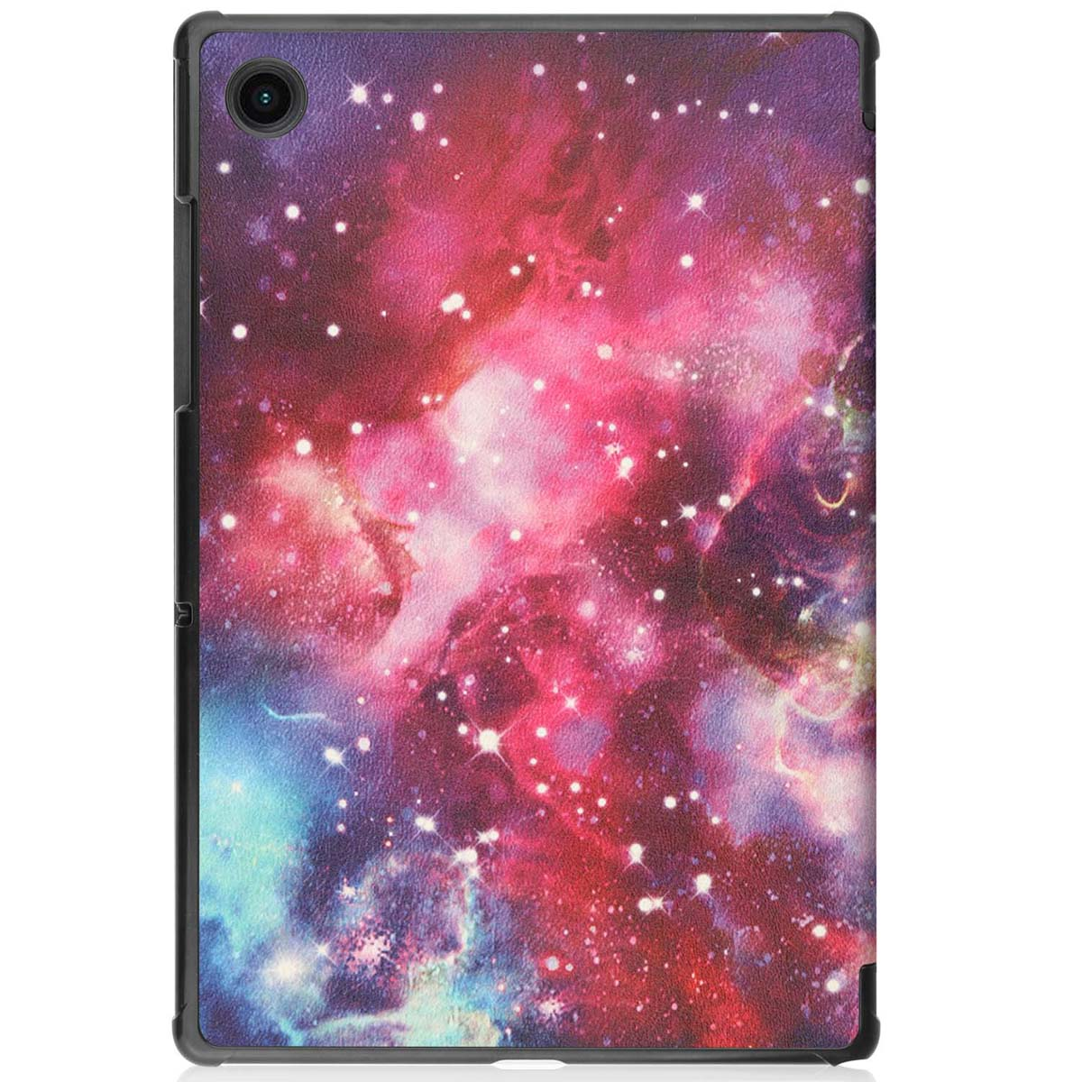 Tablet case with a galaxy design. The case is on a flat surface, showing the back.