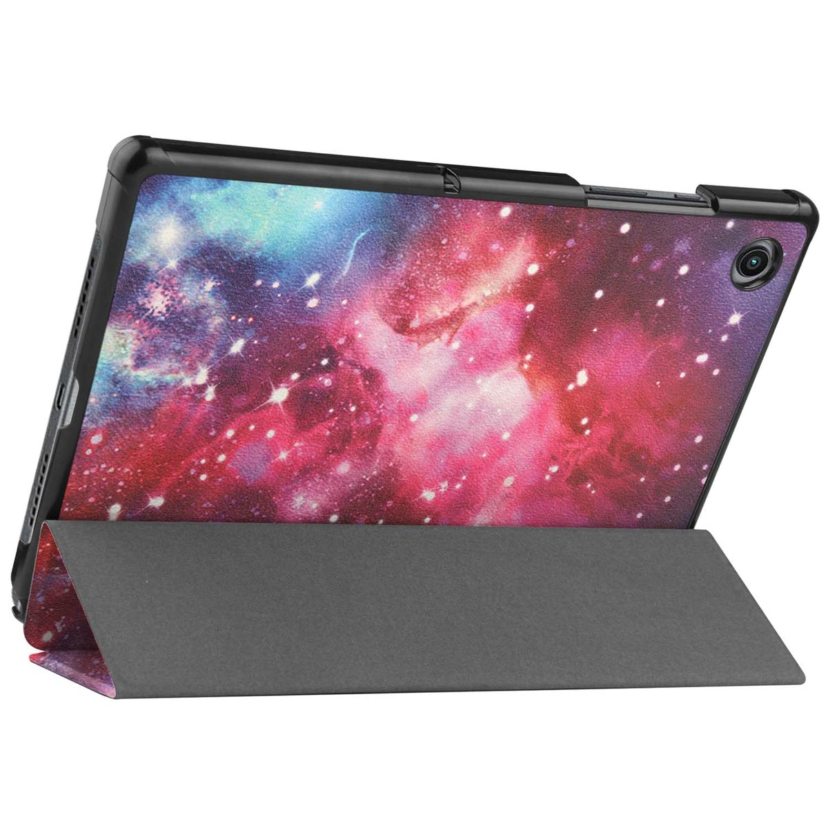 A tablet with a galaxy design case, in a stand position.