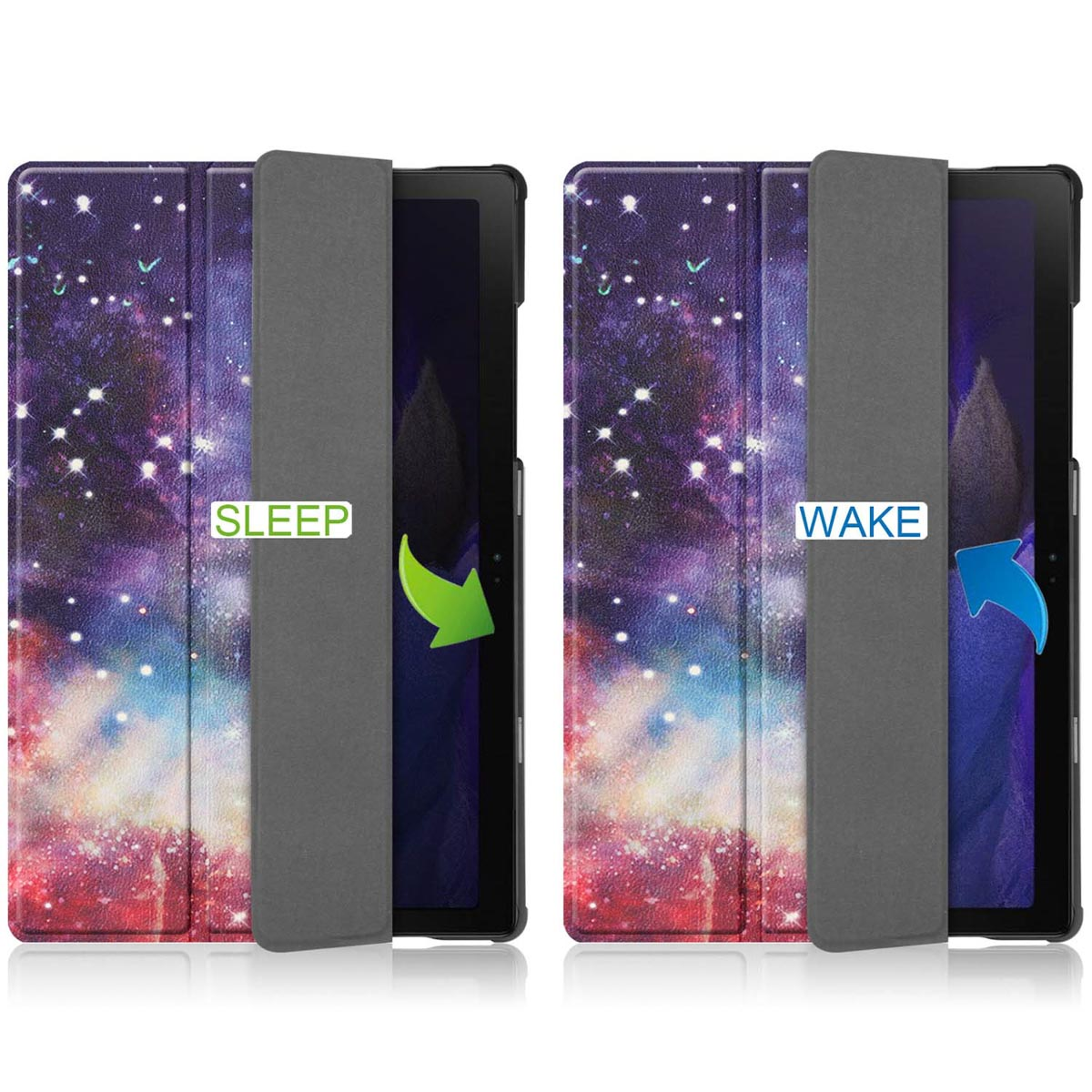 Tablet case showing 'sleep' and 'wake' function with arrows.